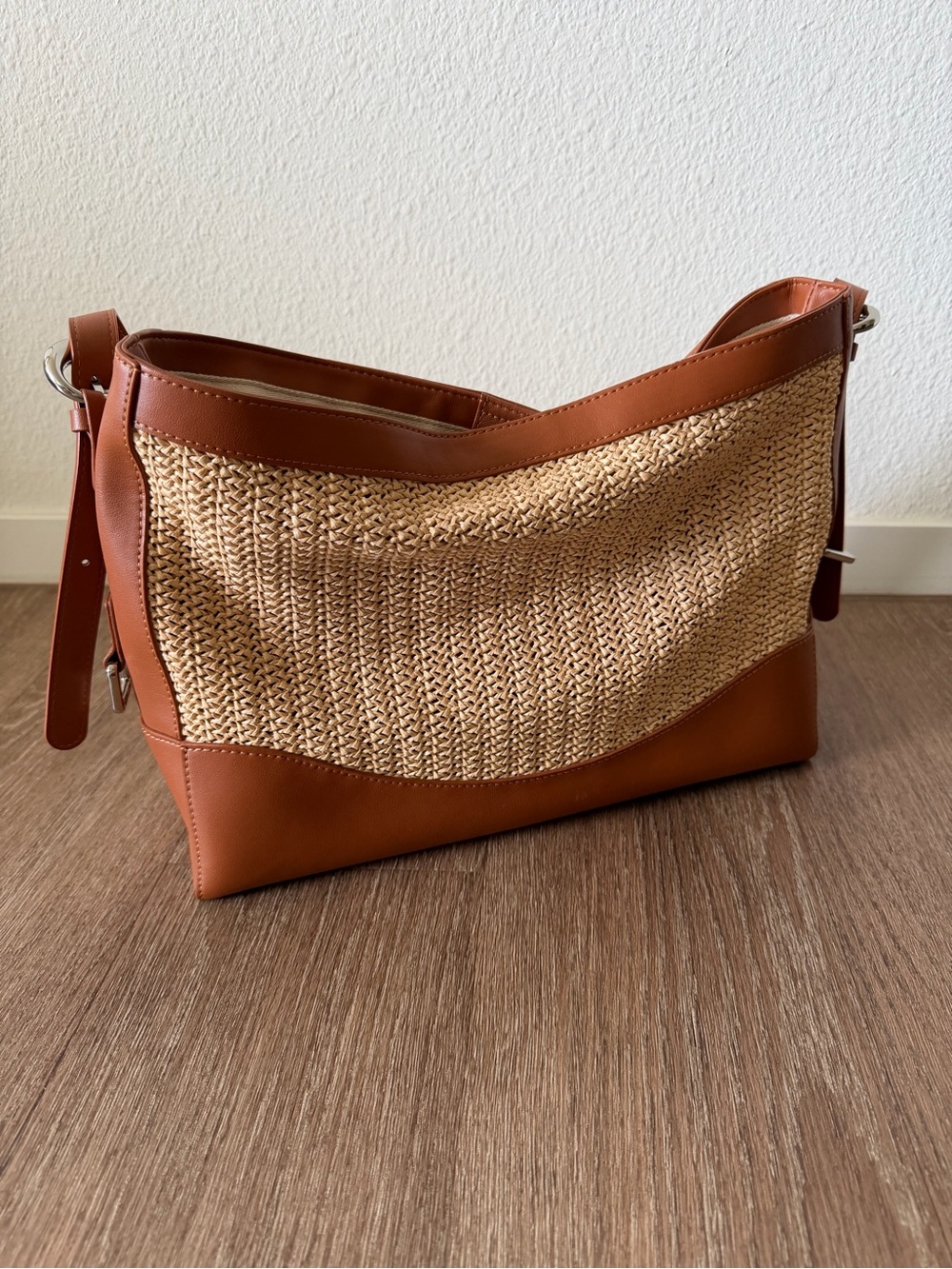 Tan Woven Shoulder Bag with Leather Trim